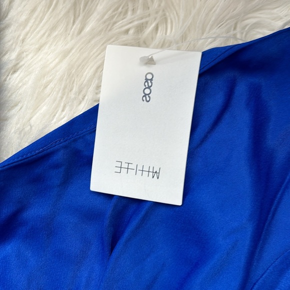 NWT ASOS Rare white line royal blue satin midi long sleeve tie cuff v neck dress - Picture 6 of 11